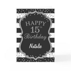 Black and Silver Glitter 15th Birthday Card