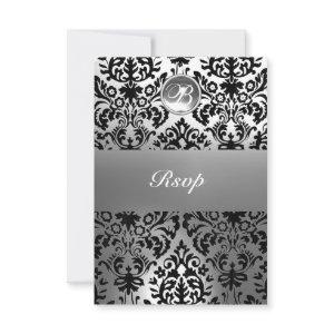 BLACK AND WHITE DAMASK GEM STONE MONOGRAM ANNOUNCEMENT