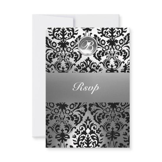 BLACK AND WHITE DAMASK GEM STONE MONOGRAM ANNOUNCEMENT