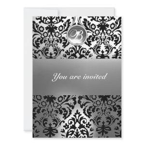 BLACK AND WHITE DAMASK GEM STONE MONOGRAM