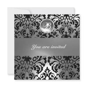 BLACK AND WHITE DAMASK GEM STONE MONOGRAM