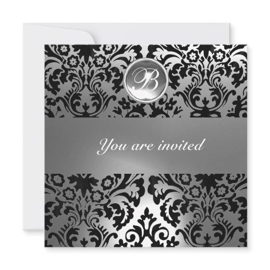 BLACK AND WHITE DAMASK GEM STONE MONOGRAM