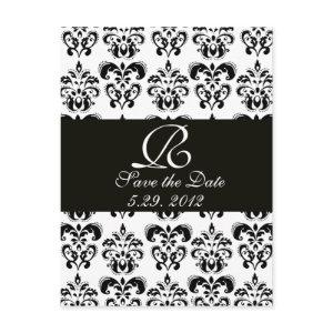 BLACK AND WHITE DAMASK MONOGRAM ANNOUNCEMENT POSTCARD