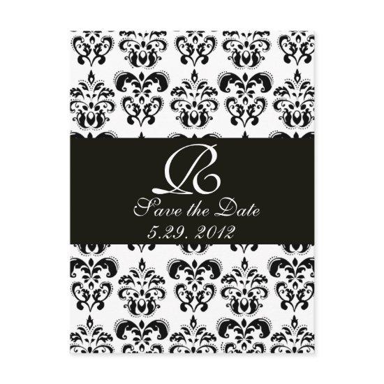 BLACK AND WHITE DAMASK MONOGRAM ANNOUNCEMENT POSTCARD