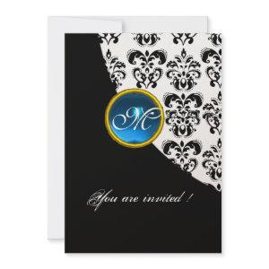 BLACK AND WHITE DAMASK MONOGRAM,blue sapphire gold