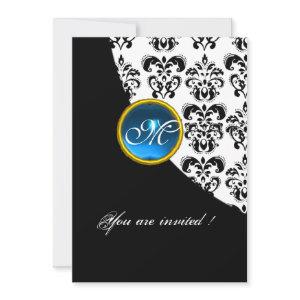 BLACK AND WHITE DAMASK MONOGRAM,blue sapphire