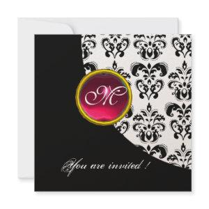 BLACK AND WHITE DAMASK MONOGRAM,red ruby,gold