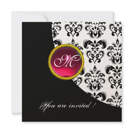 BLACK AND WHITE DAMASK MONOGRAM,red ruby,gold