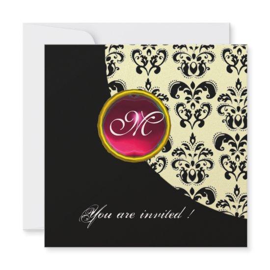 BLACK AND WHITE DAMASK MONOGRAM,red ruby,gold