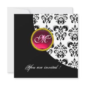 BLACK AND WHITE DAMASK MONOGRAM,red ruby