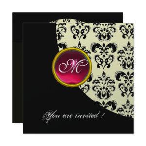 BLACK AND WHITE DAMASK MONOGRAM,red ruby,silver