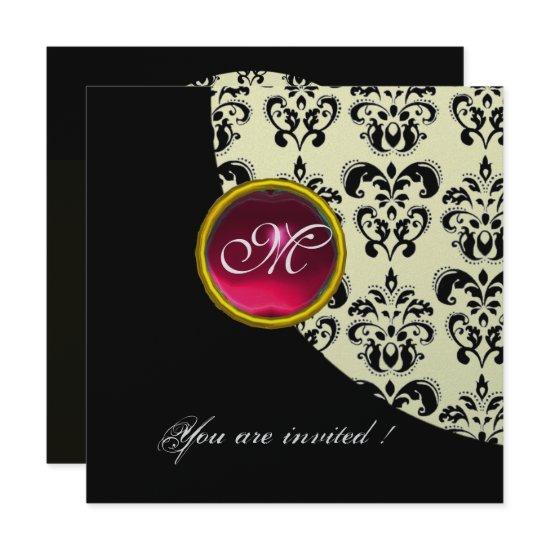 BLACK AND WHITE DAMASK MONOGRAM,red ruby,silver
