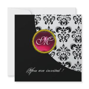 BLACK AND WHITE DAMASK MONOGRAM,red ruby,silver