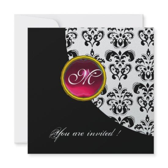 BLACK AND WHITE DAMASK MONOGRAM,red ruby,silver