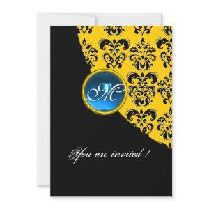 BLACK AND YELLOW DAMASK MONOGRAM,blue sapphire