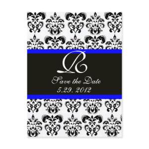 BLACK  BLUE AND WHITE DAMASK MONOGRAM ANNOUNCEMENT POSTCARD