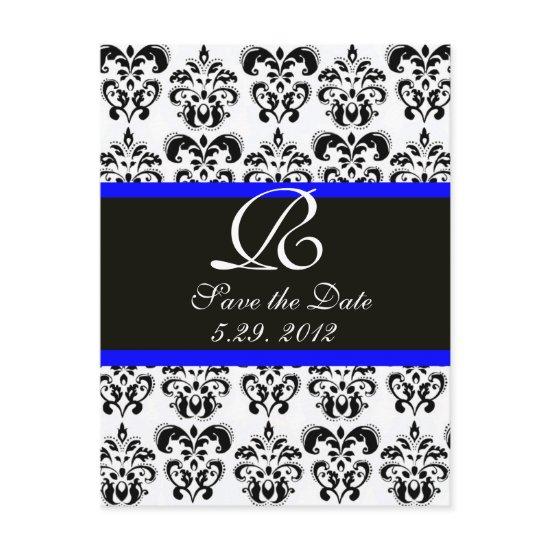 BLACK  BLUE AND WHITE DAMASK MONOGRAM ANNOUNCEMENT POSTCARD