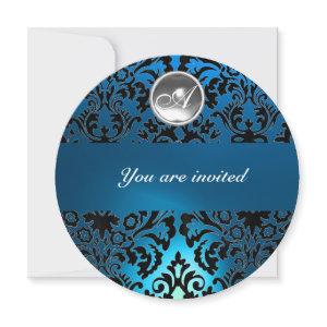 BLACK & BLUE DAMASK GEM STONE MONOGRAM