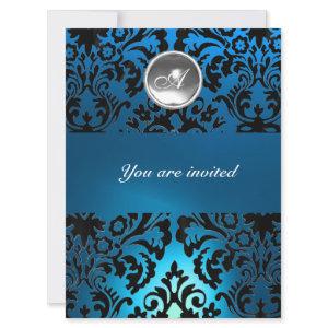 BLACK & BLUE DAMASK GEM STONE MONOGRAM white