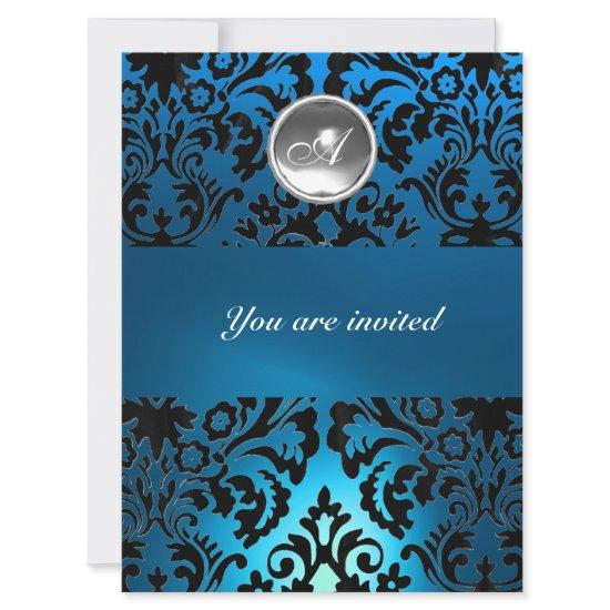 BLACK & BLUE DAMASK GEM STONE MONOGRAM white