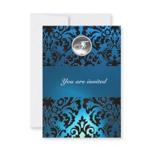 BLACK & BLUE DAMASK GEM STONE MONOGRAM white