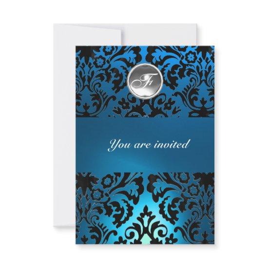 BLACK & BLUE DAMASK GEM STONE MONOGRAM white