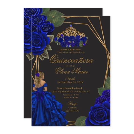 Black Blue Roses Gold Princess Quinceañera