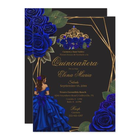 Black Blue Roses Gold Princess Quinceañera