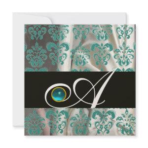 BLACK BLUE SILK DAMASK MONOGRAM AQUAMARINE GOLD