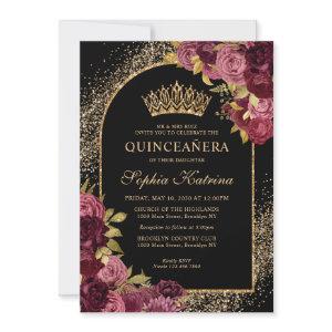 Black Burgundy Red Gold Glitter Floral Quinceanera