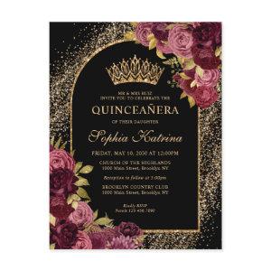 Black Burgundy Red Gold Glitter Floral Quinceanera  Postcard