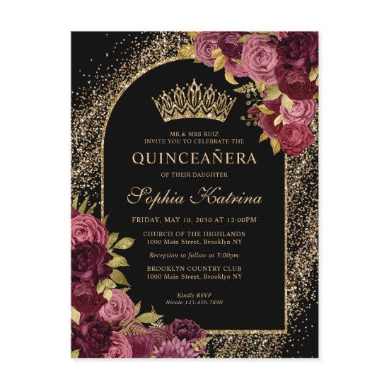 Black Burgundy Red Gold Glitter Floral Quinceanera  Postcard