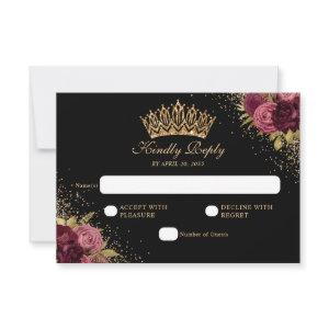Black Burgundy Red Gold Glitter Floral Quinceanera RSVP Card