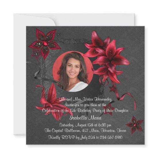 Black Damask Red Lilies Photo Quinceanera