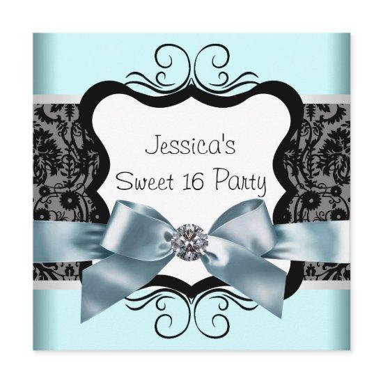 Black Damask Teal Blue Black Sweet 16 Birthday Par