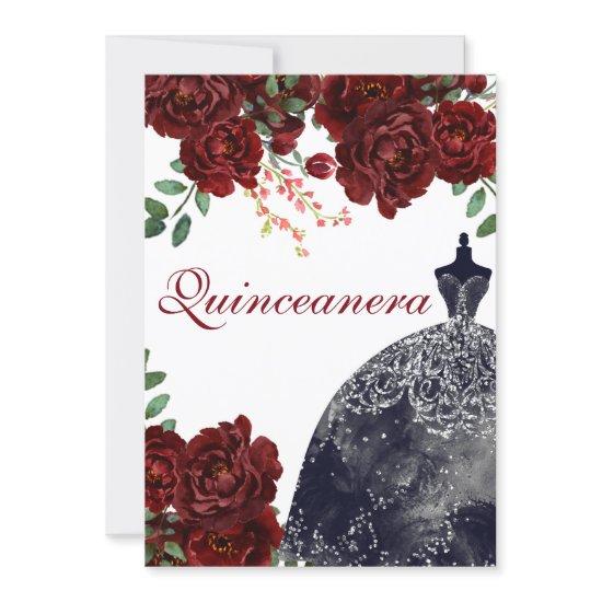 Black Dress Burgundy Red Roses Quinceanera Party