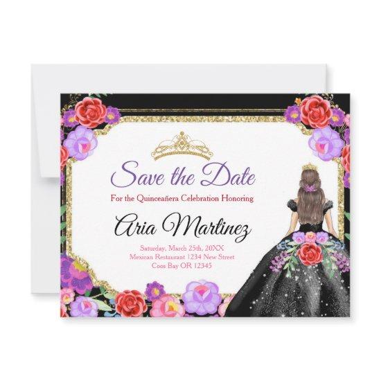 Black Dress Quinceañera Save the Date Mexican Card