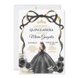 Black Floral Bow Princess Gold Crown Quinceañera