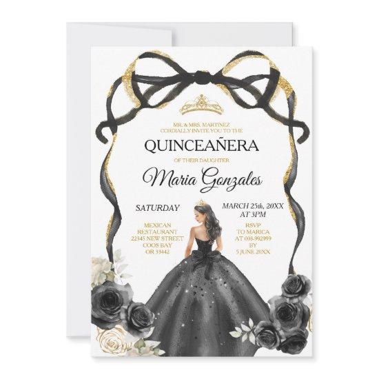 Black Floral Bow Princess Gold Crown Quinceañera