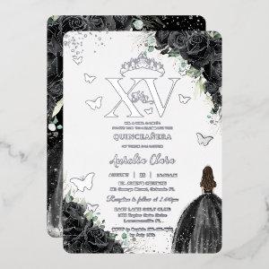 Black Floral Dress Quinceañera Quince 15 XV Silver Foil