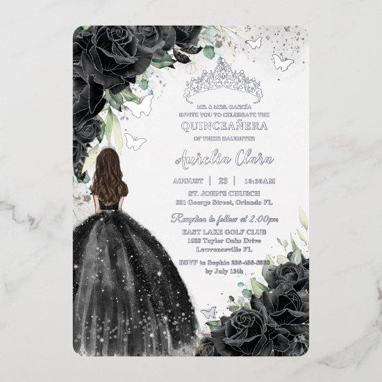 Black Floral Dress Quinceañera Sweet 16 XV Silver Foil