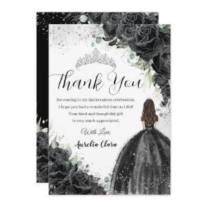 Black Floral Dress Silver Quinceañera Sweet 16 XV Thank You Card