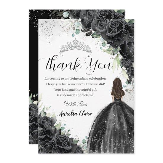 Black Floral Dress Silver Quinceañera Sweet 16 XV Thank You Card
