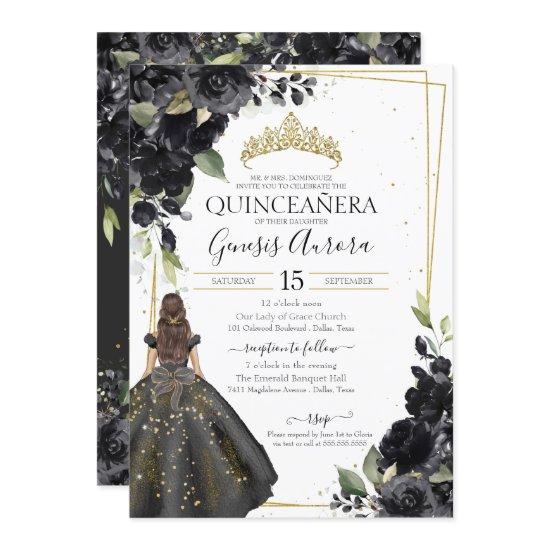 Black Floral Gold Accent Elegant Quinceanera Invit