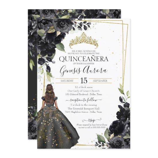 Black Floral Gold Accent Elegant Quinceanera
