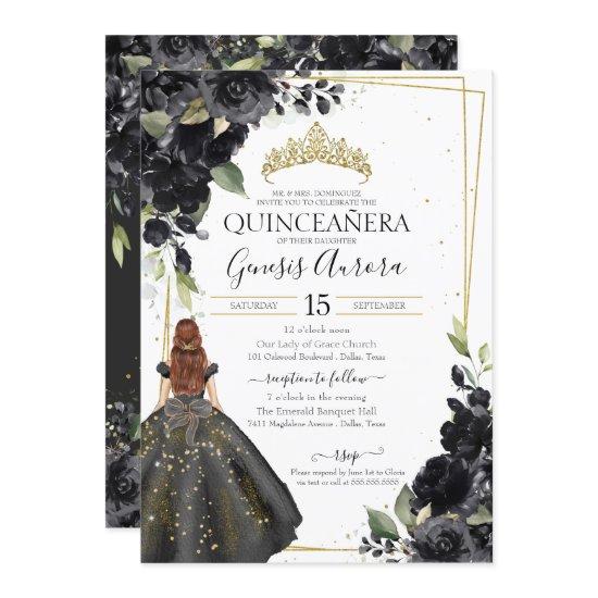 Black Floral Gold Accent Elegant Quinceanera