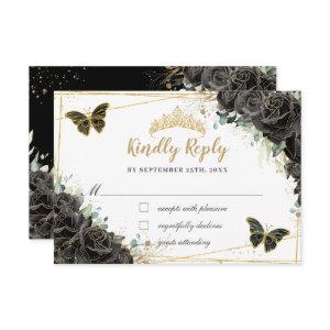 Black Floral Roses Gold Quinceañera Butterflies RSVP Card