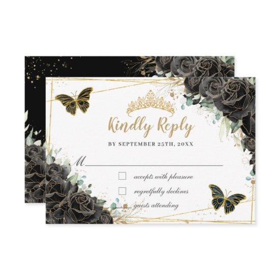 Black Floral Roses Gold Quinceañera Butterflies RSVP Card