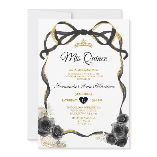 Black Flowers Bow Ribbon Gold Crown Mis Quince
