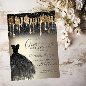 Black Glitter Drips Black Dress Gold Quinceañera